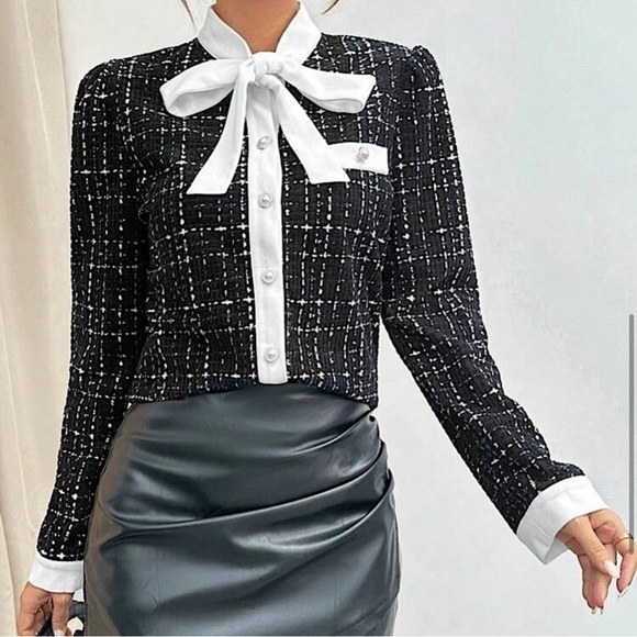 New LUXE TWEED Black + White BOUTIQUE Bow Tie-Neck Pearl Button Down Shirt XL - Picture 5 of 13